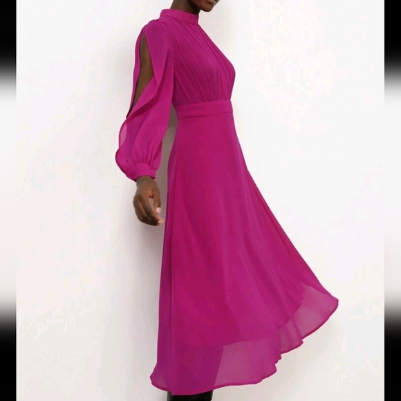 French Elegant Elegant Stand Collar Pleated Long Sleeve Chiffon Flowy Dress - Picture 1 of 4